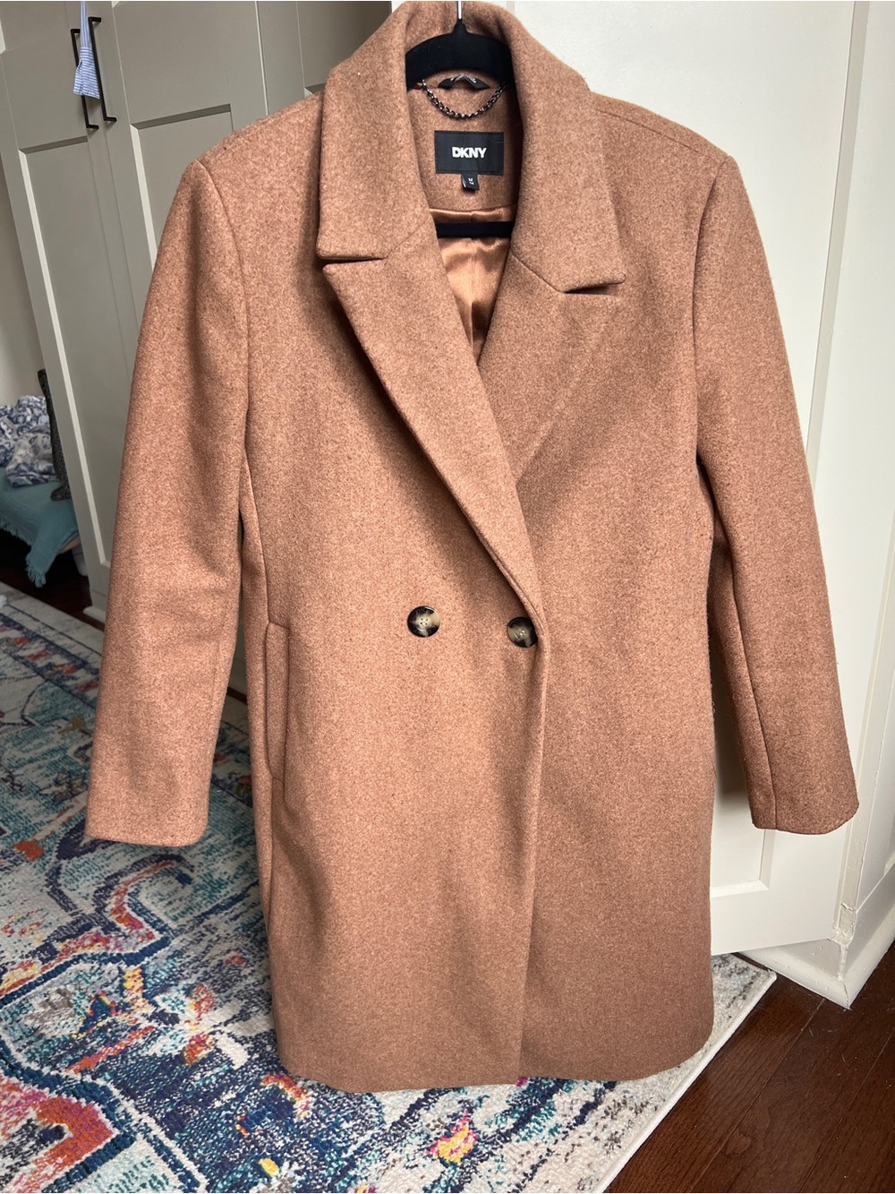 DKNY Camel Wool Look Double Breasted Car Coat Jacket Medium